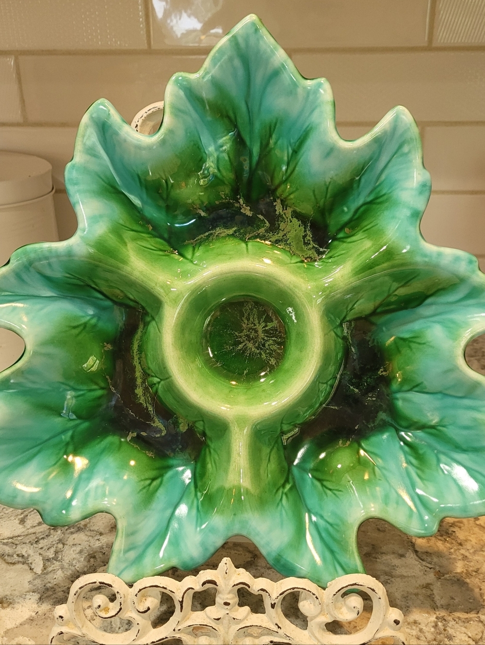 Vintage Holland Mold Green Leaf Dish Dip Serving MCM Retro Decor Drip Glaze